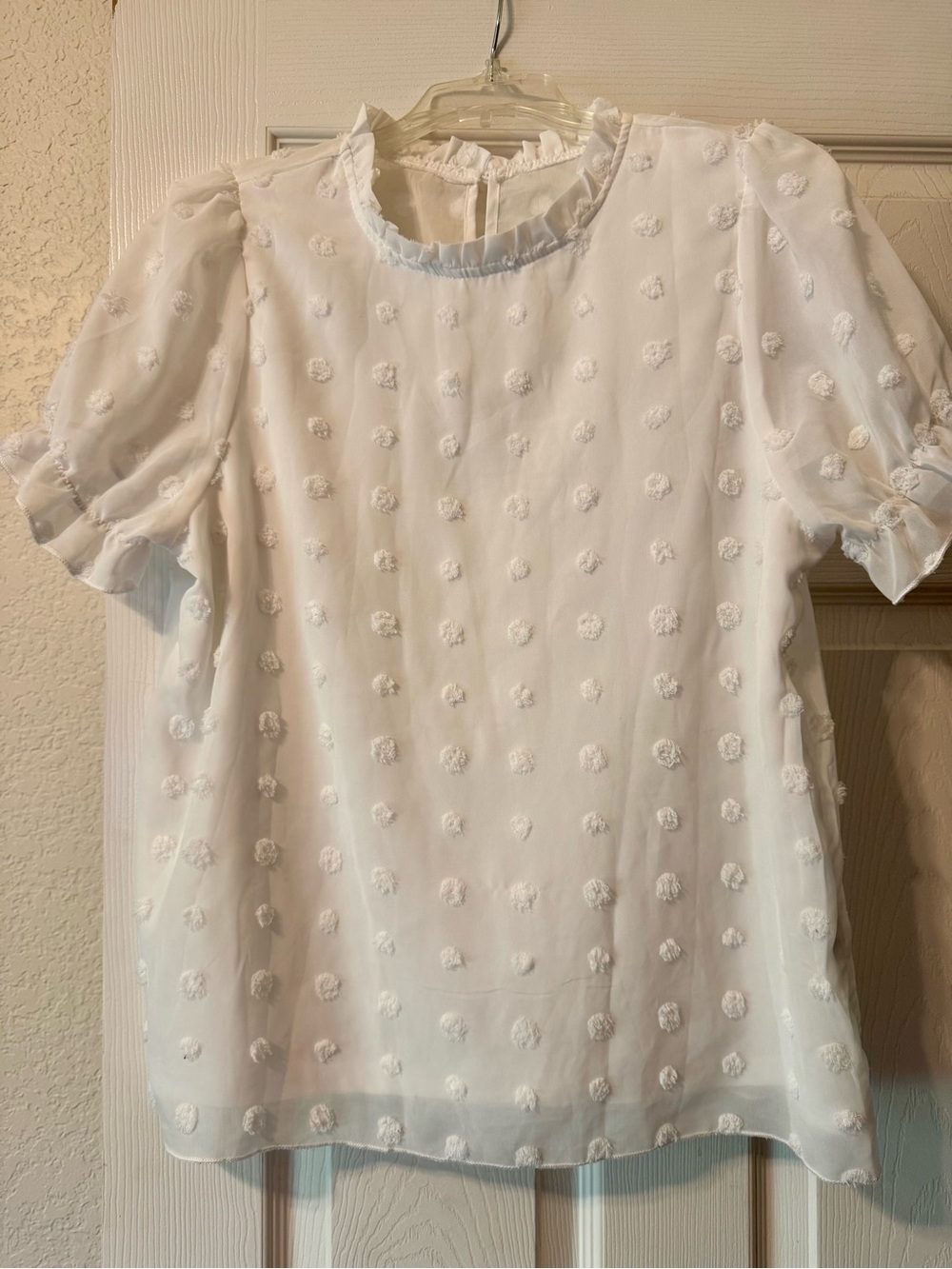 Women’s White Swiss Dot Ruffle Neck Blouse